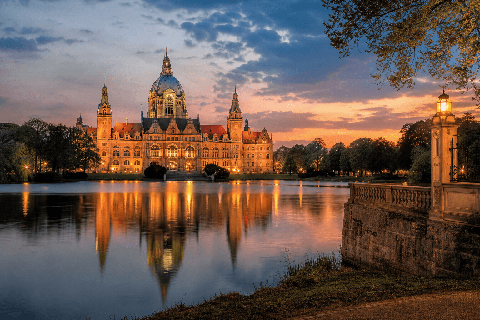 PLACEHOLDER: Neues Rathaus und Maschsee in der Dämmerung — Escort Hannover (Austauschbild)